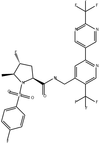 2-Pyrrolidinecarboxamide, 4-fluoro-1-[(4-fluorophenyl)sulfonyl]-5-methyl-N-[[5-(trifluoromethyl)-2-[2-(trifluoromethyl)-5-pyrimidinyl]-4-pyridinyl]methyl]-, (2S,4R,5S)- Struktur