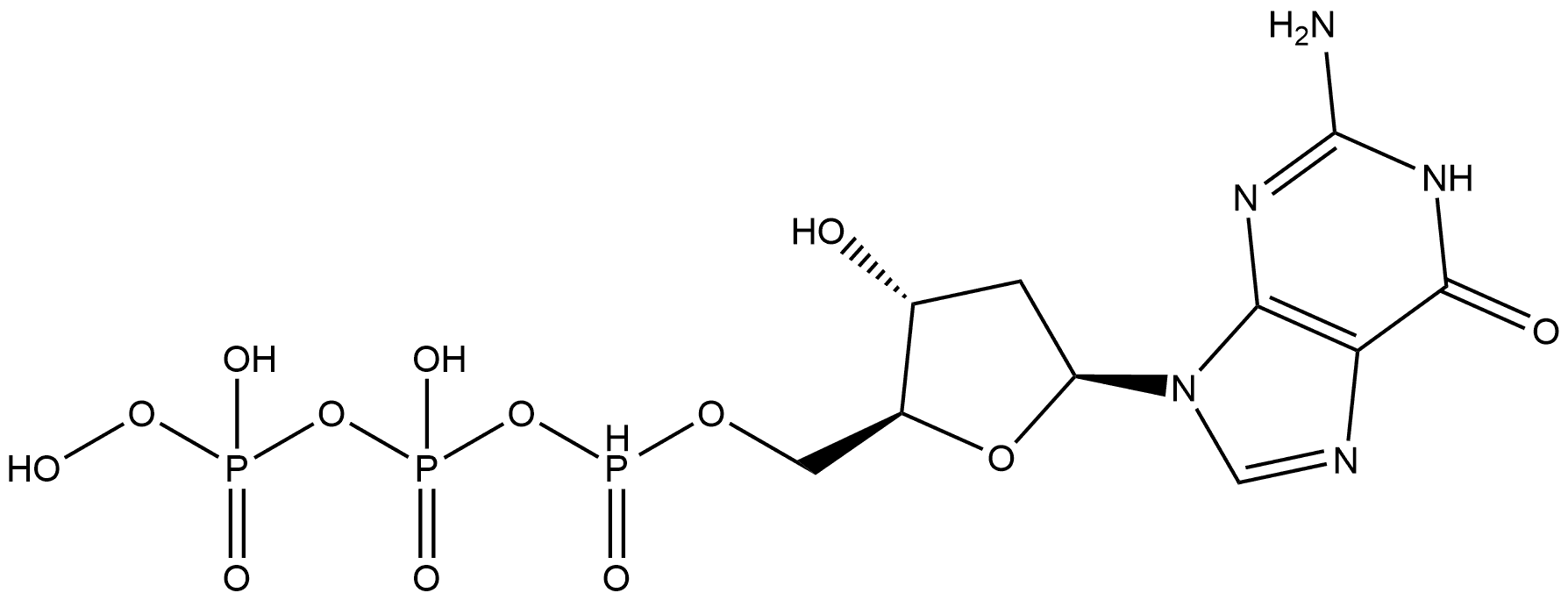 6H-Purin-6-one, 2-amino-9-[2-deoxy-5-O-[hydroxy[[hydroxy(phosphonooxy)phosphinyl]oxy]phosphinyl]-β-L-erythro-pentofuranosyl]-1,9-dihydro- Struktur