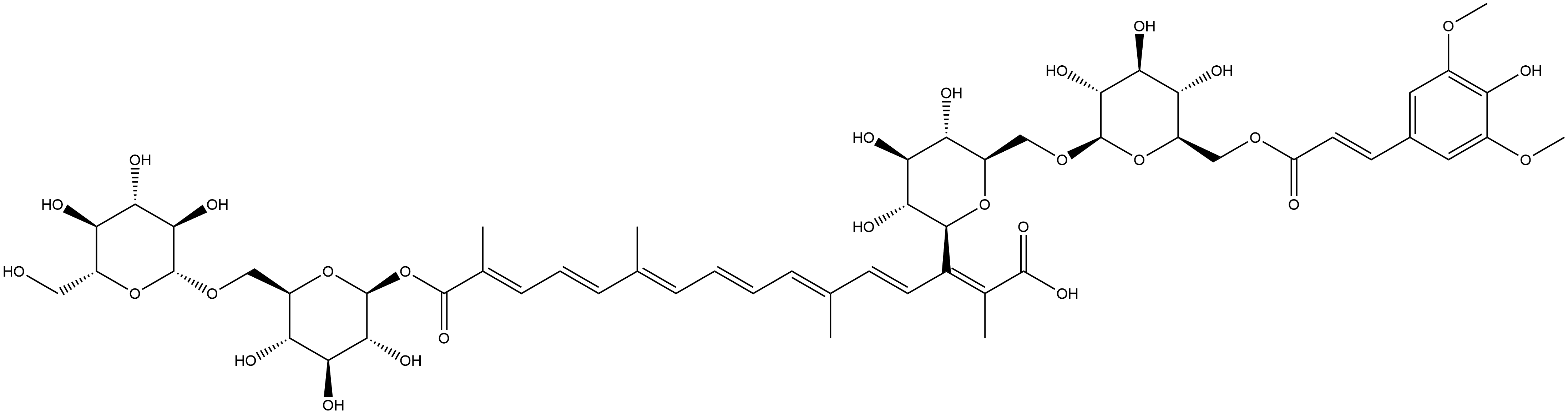 β-D-Glucopyranose, 6-O-β-D-glucopyranosyl-, 1-[14-[6-O-[6-O-[(2E)-3-(4-hydroxy-3,5-dimethoxyphenyl)-1-oxo-2-propen-1-yl]-β-D-glucopyranosyl]-β-D-glucopyranosyl] (2E,4E,6E,8E,10E,12E,14E)-2,6,11,15-tetramethyl-2,4,6,8,10,12,14-hexadecaheptaenedioate] Struktur