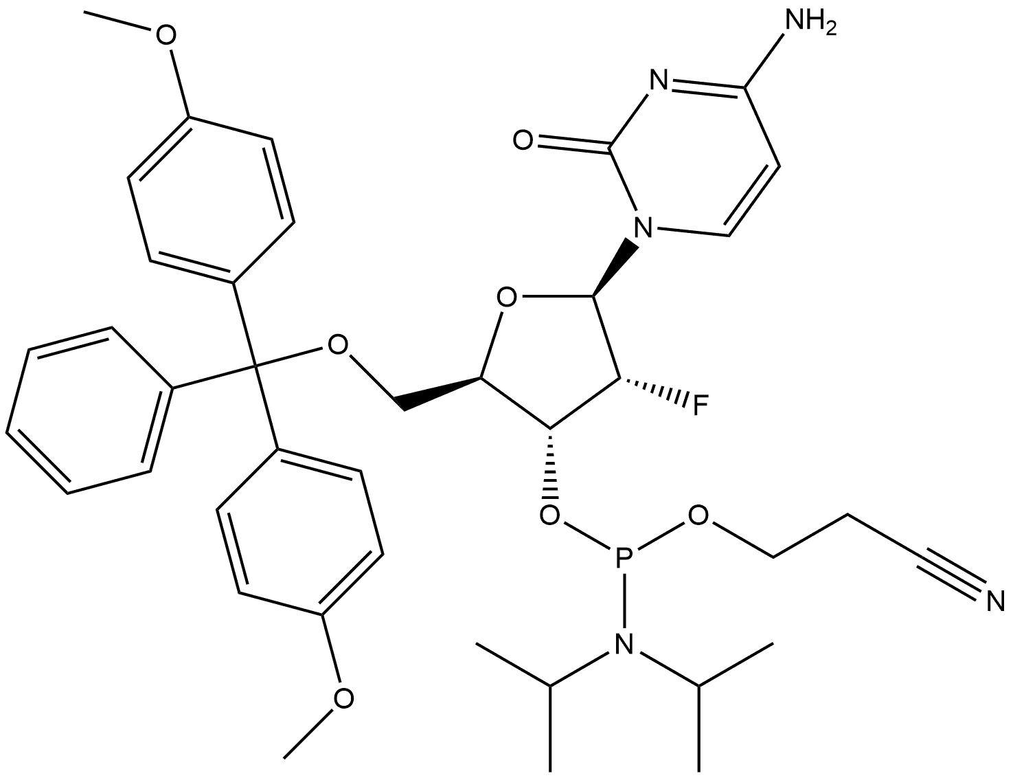 Cytidine, 5'-O-[bis(4-methoxyphenyl)phenylmethyl]-2'-deoxy-2'-fluoro-, 3'-[2-cyanoethyl N,N-bis(1-methylethyl)phosphoramidite] Struktur