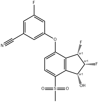 Benzonitrile, 3-[[(1R,2R,3S)-2,3-difluoro-2,3-dihydro-1-hydroxy-7-(methylsulfonyl)-1H-inden-4-yl]oxy]-5-fluoro-, rel- Struktur