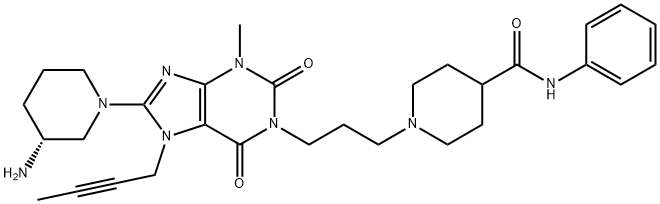 4-Piperidinecarboxamide, 1-[3-[8-[(3R)-3-amino-1-piperidinyl]-7-(2-butyn-1-yl)-2,3,6,7-tetrahydro-3-methyl-2,6-dioxo-1H-purin-1-yl]propyl]-N-phenyl- Struktur