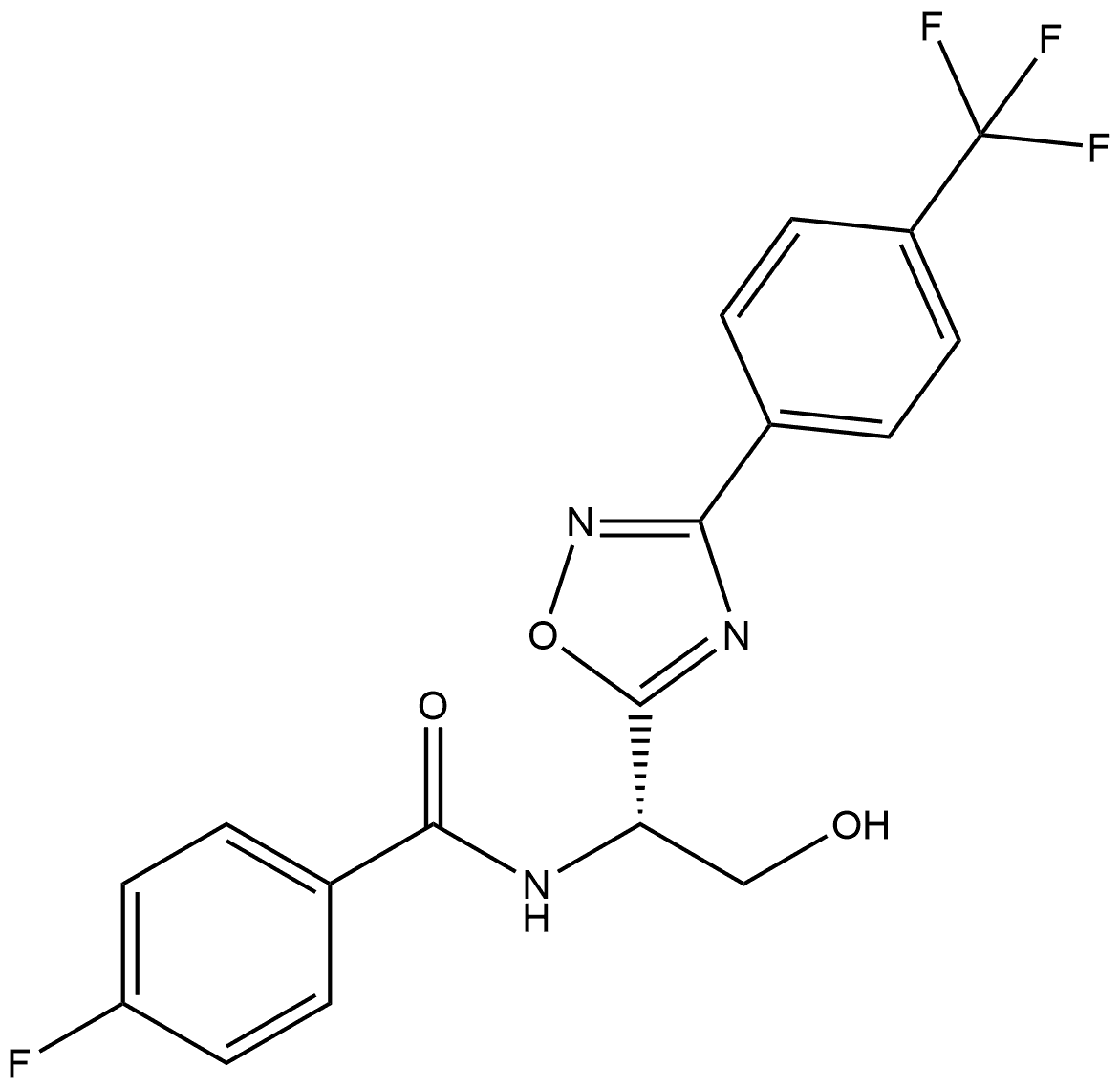 (S)-4-fluoro-N-(2-hydroxy-1-(3-(4-(trifluoromethyl)phenyl)-1,2,4-oxadiazol-5-yl)ethyl)benzamide Struktur