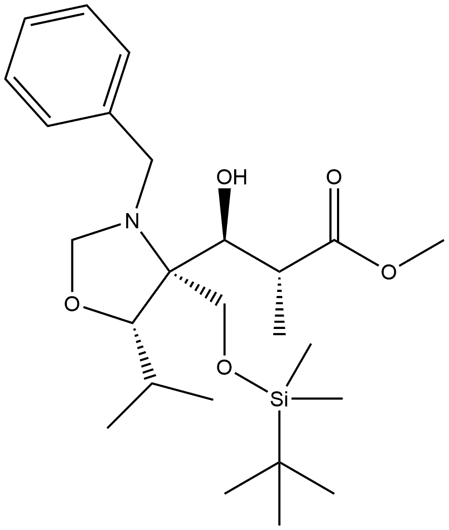 4-Oxazolidinepropanoic acid, 4-[[[(1,1-dimethylethyl)dimethylsilyl]oxy]methyl]-β-hydroxy-α-methyl-5-(1-methylethyl)-3-(phenylmethyl)-, methyl ester, (αR,βS,4S,5S)- Struktur