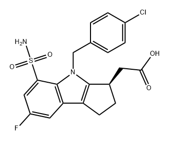 Cyclopent[b]indole-3-acetic acid, 5-(aminosulfonyl)-4-[(4-chlorophenyl)methyl]-7-fluoro-1,2,3,4-tetrahydro-, (3R)- Struktur