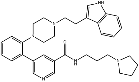 3-Pyridinecarboxamide, 5-[2-[4-[2-(1H-indol-3-yl)ethyl]-1-piperazinyl]phenyl]-N-[3-(1-pyrrolidinyl)propyl]- Struktur