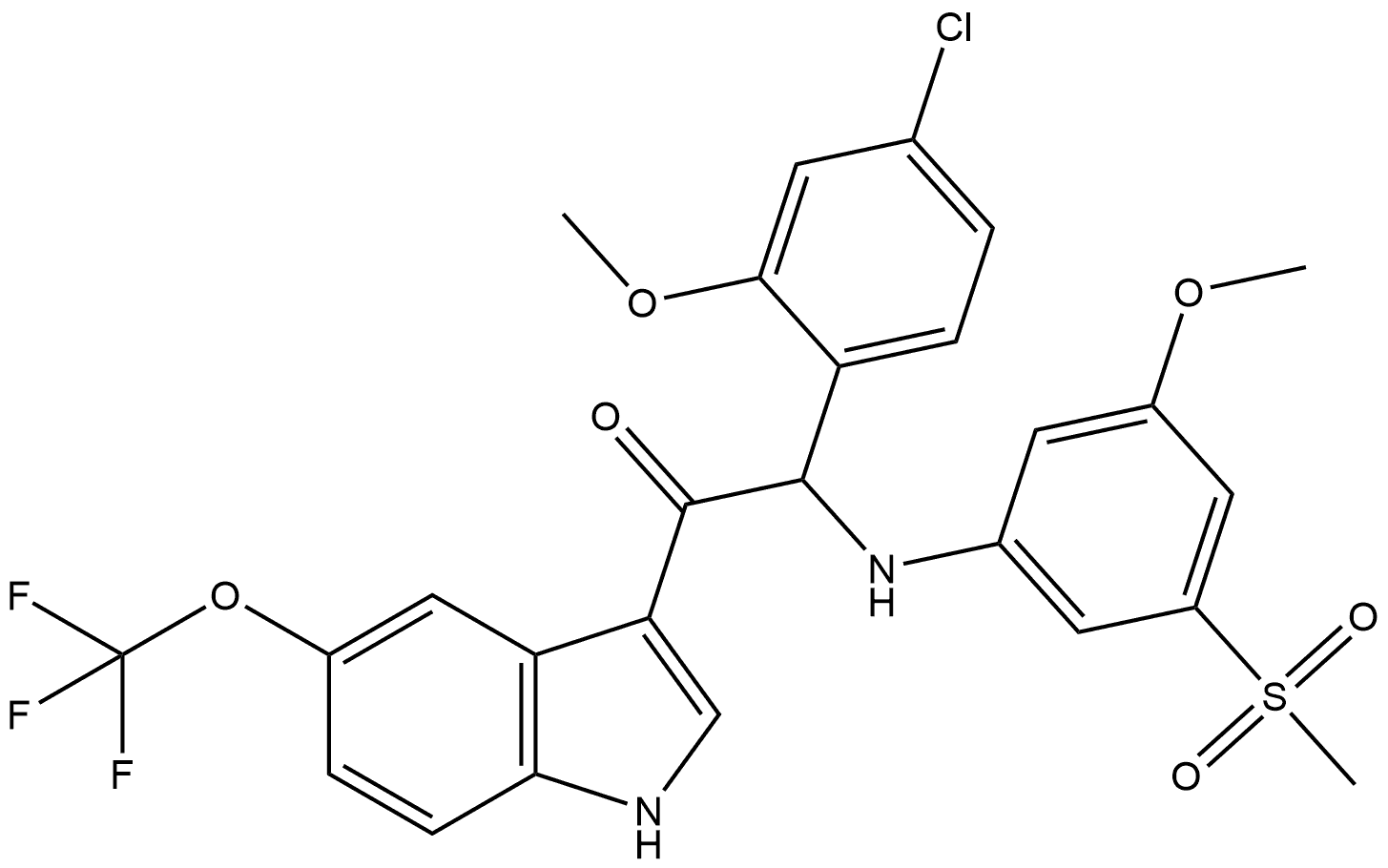 Ethanone, 2-(4-chloro-2-methoxyphenyl)-2-[[3-methoxy-5-(methylsulfonyl)phenyl]amino]-1-[5-(trifluoromethoxy)-1H-indol-3-yl]-, (+)- Struktur