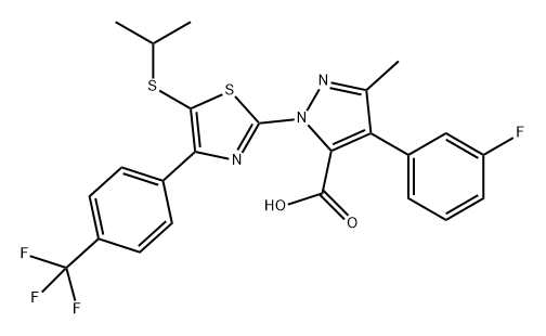 1H-Pyrazole-5-carboxylic acid, 4-(3-fluorophenyl)-3-methyl-1-[5-[(1-methylethyl)thio]-4-[4-(trifluoromethyl)phenyl]-2-thiazolyl]- Struktur