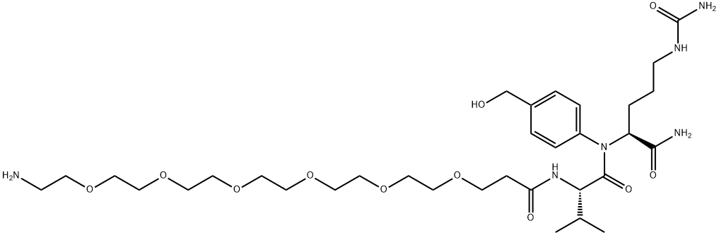 L-Ornithinamide, N-(21-amino-1-oxo-4,7,10,13,16,19-hexaoxaheneicos-1-yl)-L-valyl-N5-(aminocarbonyl)-N-[4-(hydroxymethyl)phenyl]- Struktur