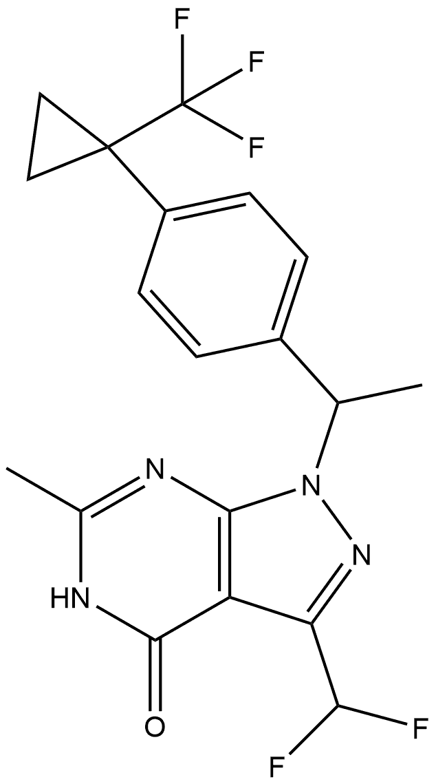 3-(difluoromethyl)-6-methyl-1-(1-(4-(1-(trifluoromethyl)cyclopropyl)phenyl)ethyl)-1,5-dihydro-4H-pyrazolo[3,4-d]pyrimidin-4-one Struktur