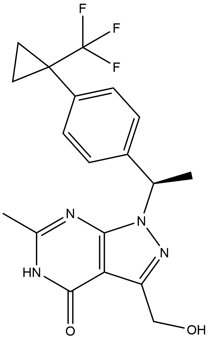 (R)-3-(hydroxymethyl)-6-methyl-1-(1-(4-(1-(trifluoromethyl)cyclopropyl)phenyl)ethyl)-1,5-dihydro-4H-pyrazolo[3,4-d]pyrimidin-4-one Struktur