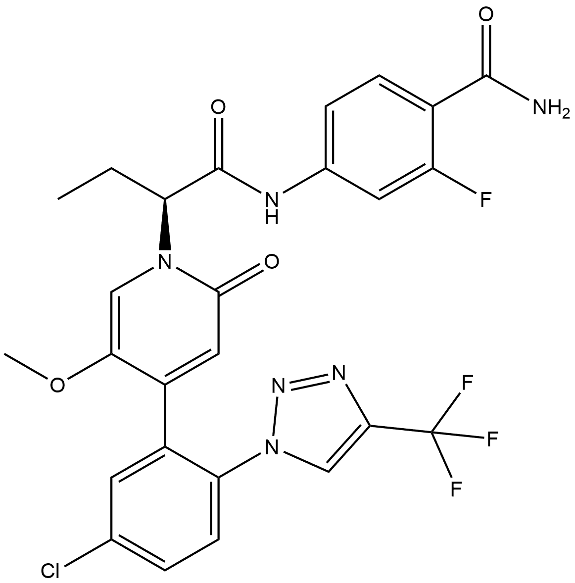 1(2H)-Pyridineacetamide, N-[4-(aminocarbonyl)-3-fluorophenyl]-4-[5-chloro-2-[4-(trifluoromethyl)-1H-1,2,3-triazol-1-yl]phenyl]-α-ethyl-5-methoxy-2-oxo-, (αS)- Struktur