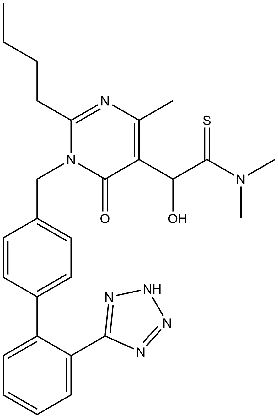 2-Butyl-1,6-dihydro-α-hydroxy-N,N,4-trimethyl-6-oxo-1-[[2′-(2H-tetrazol-5-yl)[1,1′-biphenyl]-4-yl]methyl]-5-pyrimidineethanethioamide Struktur