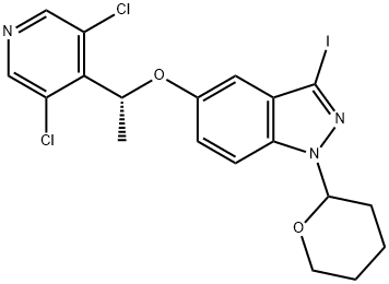 1H-Indazole, 5-[(1R)-1-(3,5-dichloro-4-pyridinyl)ethoxy]-3-iodo-1-(tetrahydro-2H-pyran-2-yl)- Struktur