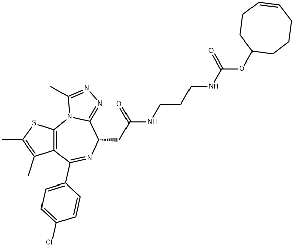 Carbamic acid, N-[3-[[2-[(6S)-4-(4-chlorophenyl)-2,3,9-trimethyl-6H-thieno[3,2-f][1,2,4]triazolo[4,3-a][1,4]diazepin-6-yl]acetyl]amino]propyl]-, 4-cycloocten-1-yl ester Struktur