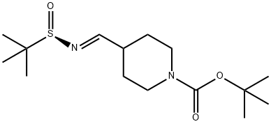 1-Piperidinecarboxylic acid, 4-[(E)-[[(R)-(1,1-dimethylethyl)sulfinyl]imino]methyl]-, 1,1-dimethylethyl ester Struktur