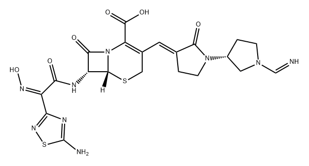 5-Thia-1-azabicyclo[4.2.0]oct-2-ene-2-carboxylic acid, 7-[[(2Z)-2-(5-amino-1,2,4-thiadiazol-3-yl)-2-(hydroxyimino)acetyl]amino]-3-[(E)-[(3'R)-1'-(iminomethyl)-2-oxo[1,3'-bipyrrolidin]-3-ylidene]methyl]-8-oxo-, (6R,7R)- Struktur