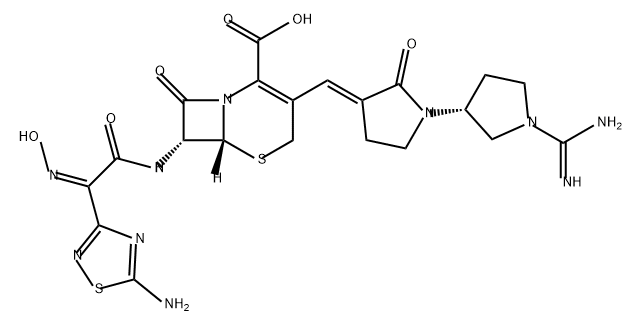 5-Thia-1-azabicyclo[4.2.0]oct-2-ene-2-carboxylic acid, 3-[(E)-[(3'R)-1'-(aminoiminomethyl)-2-oxo[1,3'-bipyrrolidin]-3-ylidene]methyl]-7-[[(2Z)-2-(5-amino-1,2,4-thiadiazol-3-yl)-2-(hydroxyimino)acetyl]amino]-8-oxo-, (6R,7R)- Struktur