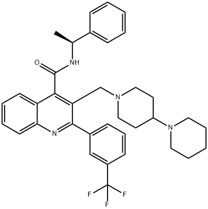 4-Quinolinecarboxamide, 3-([1,4'-bipiperidin]-1'-ylmethyl)-N-[(1S)-1-phenylethyl]-2-[3-(trifluoromethyl)phenyl]- Struktur