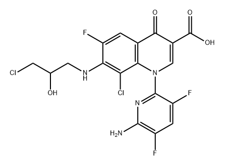 3-Quinolinecarboxylic acid, 1-(6-amino-3,5-difluoro-2-pyridinyl)-8-chloro-7-[(3-chloro-2-hydroxypropyl)amino]-6-fluoro-1,4-dihydro-4-oxo- Struktur