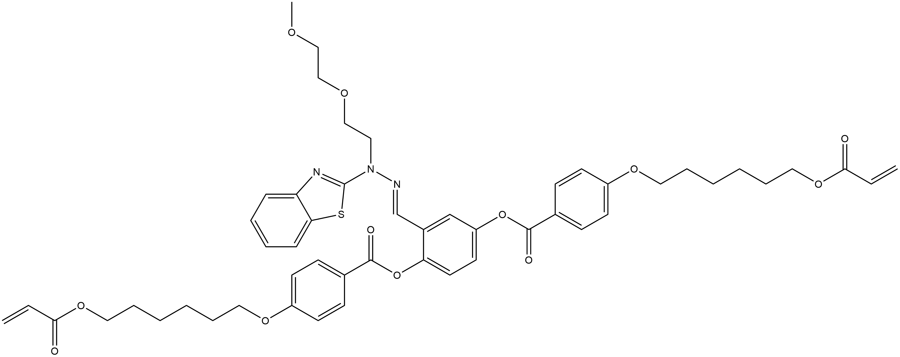 Benzoic acid, 4-[[6-[(1-oxo-2-propen-1-yl)oxy]hexyl]oxy]-, 2-[(E)-[2-(2-benzothiazolyl)-2-[2-(2-methoxyethoxy)ethyl]hydrazinylidene]methyl]-4-[[4-[[6-[(1-oxo-2-propen-1-yl)oxy]hexyl]oxy]benzoyl]oxy]phenyl ester Struktur