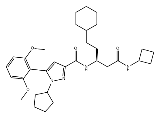 1H-Pyrazole-3-carboxamide, N-[(1S)-3-(cyclobutylamino)-1-(2-cyclohexylethyl)-3-oxopropyl]-1-cyclopentyl-5-(2,6-dimethoxyphenyl)- Struktur