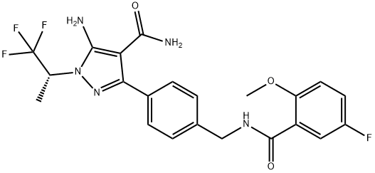 1H-Pyrazole-4-carboxamide, 5-amino-3-[4-[[(5-fluoro-2-methoxybenzoyl)amino]methyl]phenyl]-1-[(1R)-2,2,2-trifluoro-1-methylethyl]- Struktur