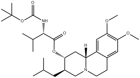 L-Valine, N-[(1,1-dimethylethoxy)carbonyl]-, (2R,3R,11bR)-1,3,4,6,7,11b-hexahydro-9,10-dimethoxy-3-(2-methylpropyl)-2H-benzo[a]quinolizin-2-yl ester Struktur