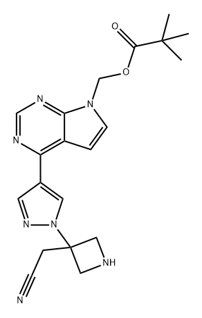 Propanoic acid, 2,2-dimethyl-, [4-[1-[3-(cyanomethyl)-3-azetidinyl]-1H-pyrazol-4-yl]-7H-pyrrolo[2,3-d]pyrimidin-7-yl]methyl ester Struktur