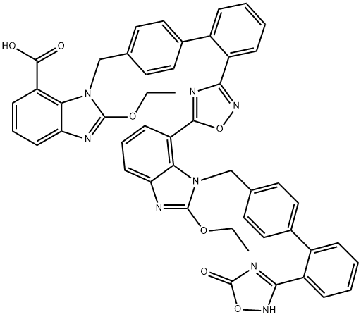 1H-Benzimidazole-7-carboxylic acid, 1-[[2'-[5-[1-[[2'-(2,5-dihydro-5-oxo-1,2,4-oxadiazol-3-yl)[1,1'-biphenyl]-4-yl]methyl]-2-ethoxy-1H-benzimidazol-7-yl]-1,2,4-oxadiazol-3-yl][1,1'-biphenyl]-4-yl]methyl]-2-ethoxy- Struktur