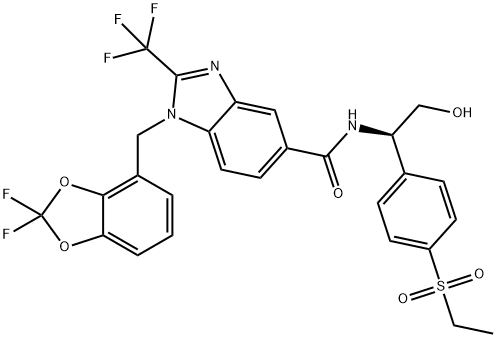 1H-Benzimidazole-5-carboxamide, 1-[(2,2-difluoro-1,3-benzodioxol-4-yl)methyl]-N-[(1R)-1-[4-(ethylsulfonyl)phenyl]-2-hydroxyethyl]-2-(trifluoromethyl)- Struktur