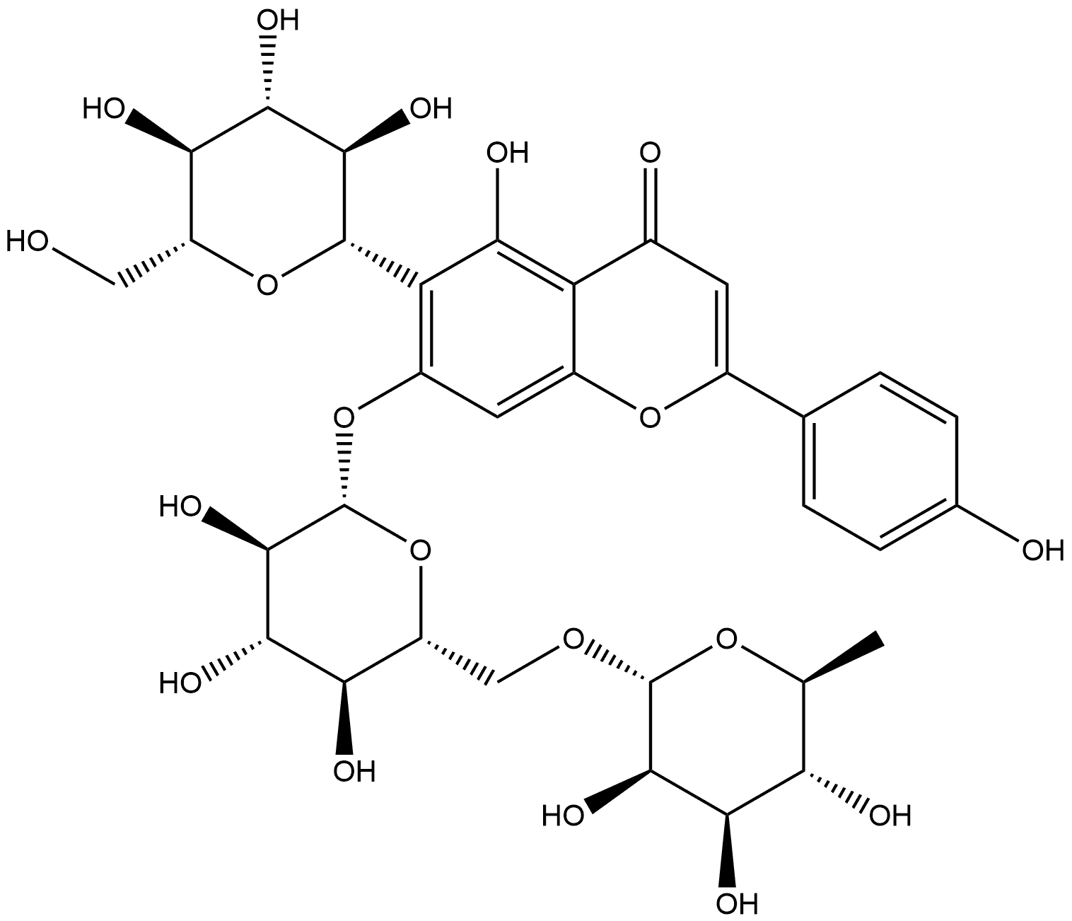 4H-1-Benzopyran-4-one, 7-[[6-O-(6-deoxy-α-L-mannopyranosyl)-β-D-glucopyranosyl]oxy]-6-β-D-glucopyranosyl-5-hydroxy-2-(4-hydroxyphenyl)- Struktur