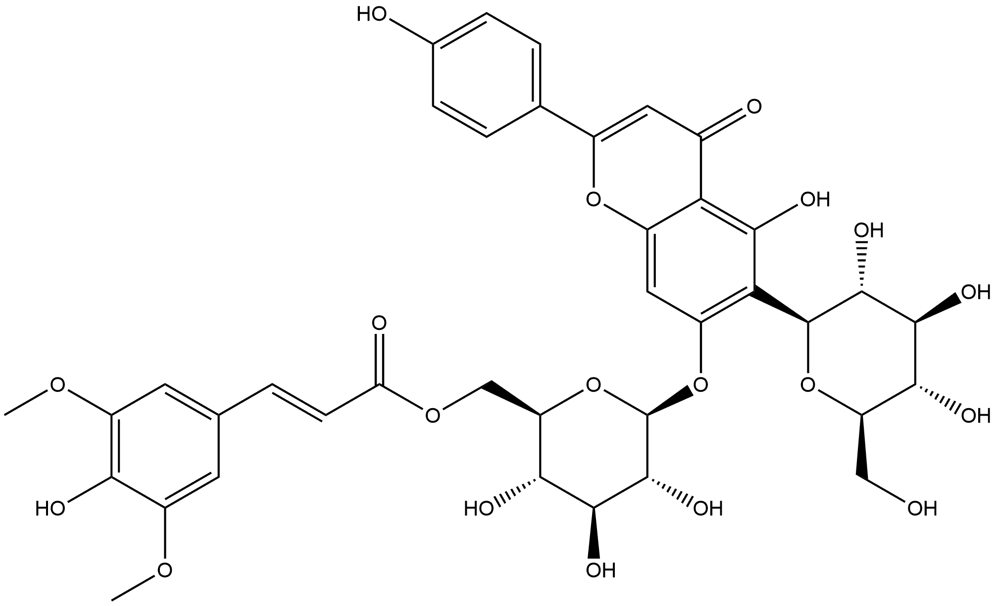 6-β-D-Glucopyranosyl-5-hydroxy-7-[[6-O-[(2E)-3-(4-hydroxy-3,5-dimethoxyphenyl)-1-oxo-2-propen-1-yl]-β-D-glucopyranosyl]oxy]-2-(4-hydroxyphenyl)-4H-1-benzopyran-4-one Struktur