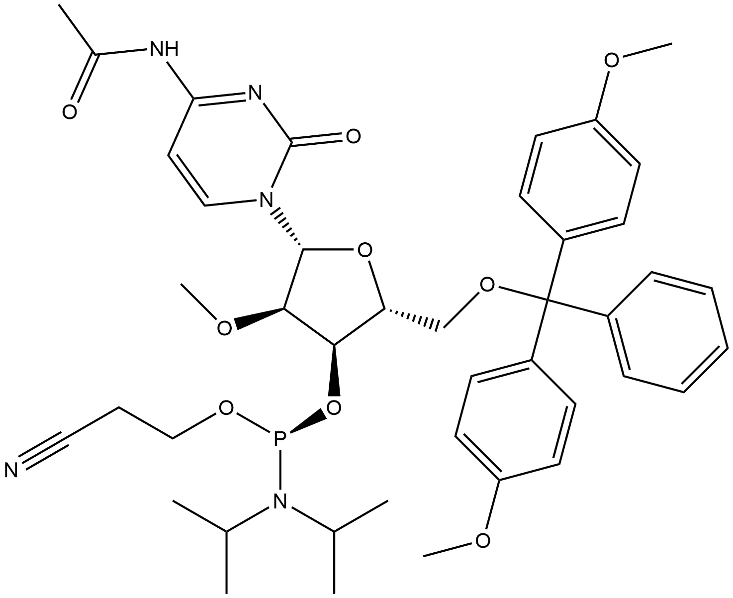 Cytidine, N-acetyl-5'-O-[bis(4-methoxyphenyl)phenylmethyl]-2'-O-methyl-, 3'-[2-cyanoethyl (R)-bis(1-methylethyl)phosphoramidite] (9CI) Struktur