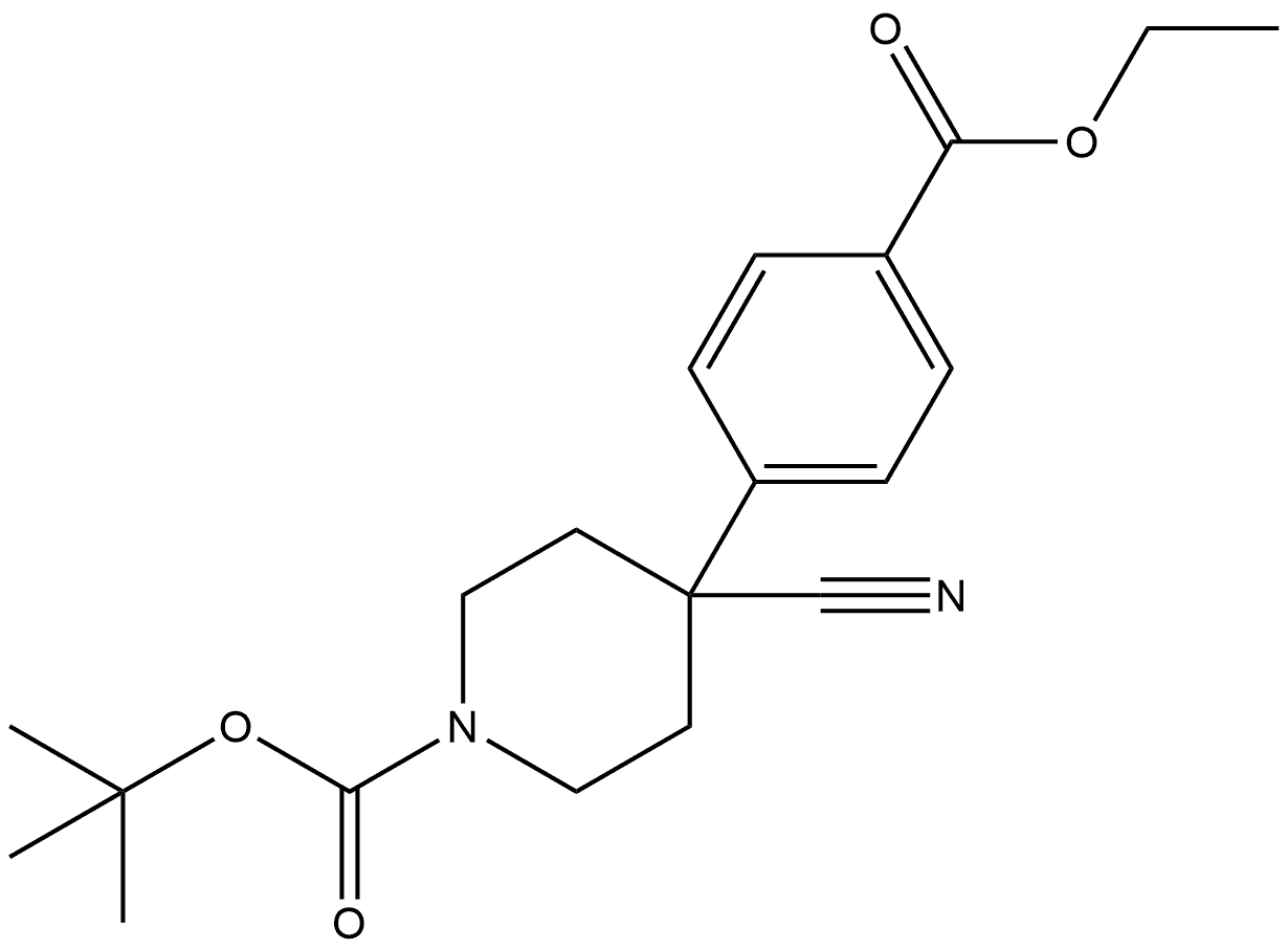 tert-butyl 4-cyano-4-(4-(ethoxycarbonyl)phenyl)piperidine-1-carboxylate Struktur