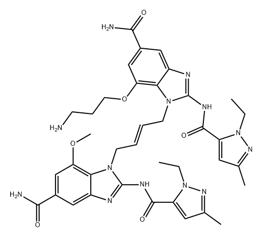 1H-Benzimidazole-5-carboxamide, 1-[(2E)-4-[5-(aminocarbonyl)-7-(3-aminopropoxy)-2-[[(1-ethyl-3-methyl-1H-pyrazol-5-yl)carbonyl]amino]-1H-benzimidazol-1-yl]-2-buten-1-yl]-2-[[(1-ethyl-3-methyl-1H-pyrazol-5-yl)carbonyl]amino]-7-methoxy- Struktur