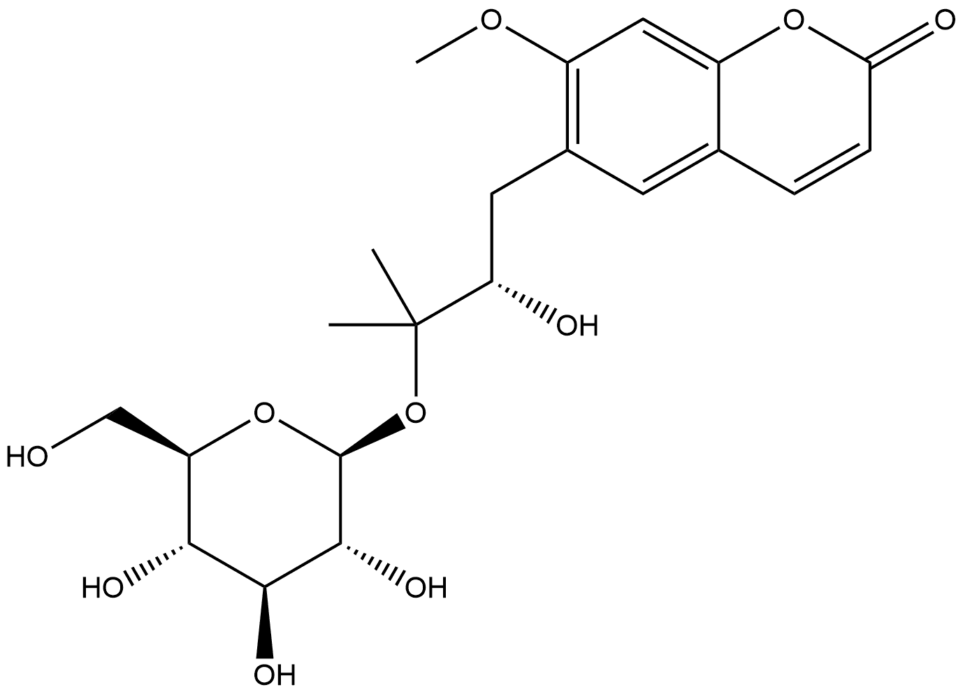 6-[(2S)-3-(β-D-Glucopyranosyloxy)-2-hydroxy-3-methylbutyl]-7-methoxy-2H-1-benzopyran-2-one Struktur