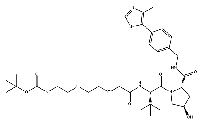 L-Prolinamide, N-(12,12-dimethyl-1,10-dioxo-3,6,11-trioxa-9-azatridec-1-yl)-3-methyl-L-valyl-4-hydroxy-N-[[4-(4-methyl-5-thiazolyl)phenyl]methyl]-, (4R)- Struktur