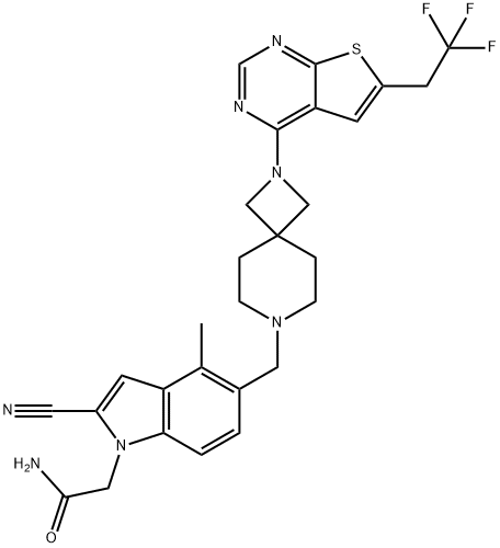 2-Cyano-4-methyl-5-[[2-[6-(2,2,2-trifluoroethyl)thieno[2,3-d]pyrimidin-4-yl]-2,7-diazaspiro[3.5]non-7-yl]methyl]-1H-indole-1-acetamide Struktur