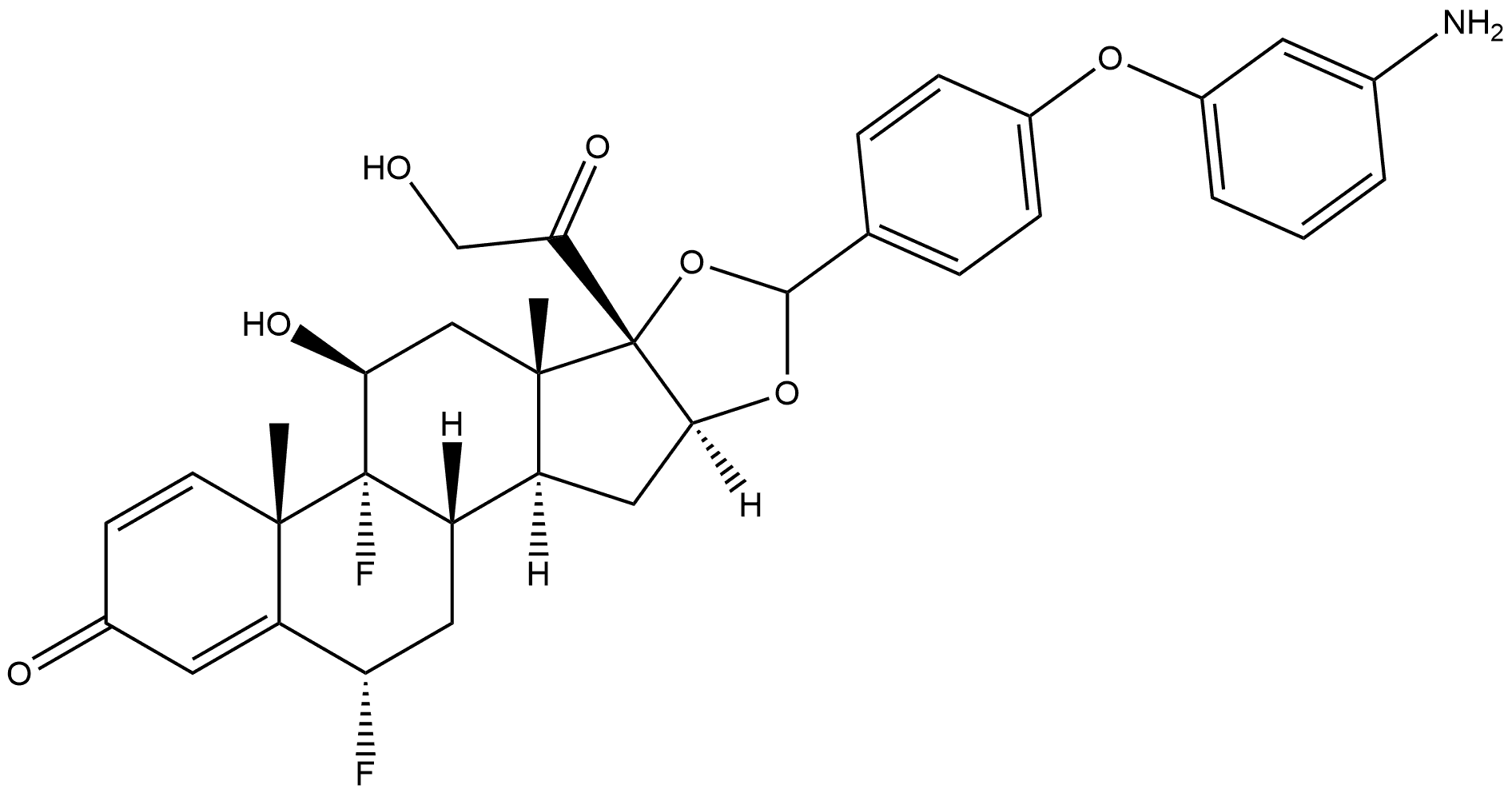 Pregna-1,4-diene-3,20-dione, 16,17-[[(R)-[4-(3-aminophenoxy)phenyl]methylene]bis(oxy)]-6,9-difluoro-11,21-dihydroxy-, (6α,11β,16α)- Struktur