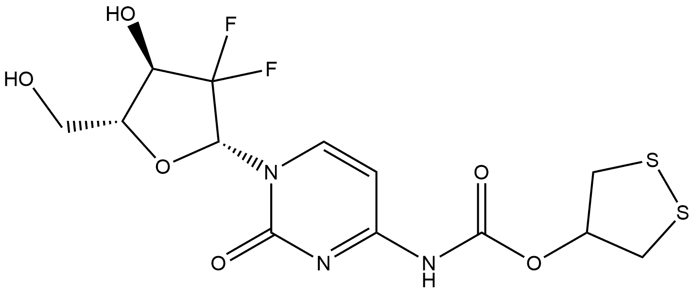 1,2-Dithiolan-4-yl N-[1-(2-deoxy-2,2-difluoro-β-D-erythro-pentofuranosyl)-1,2-dihydro-2-oxo-4-pyrimidinyl]carbamate Struktur