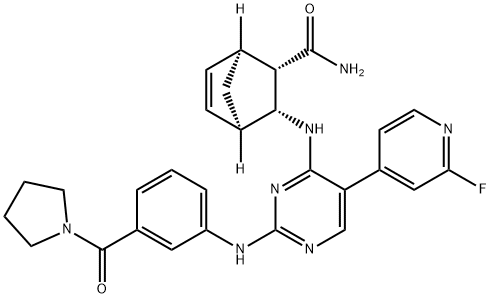 Bicyclo[2.2.1]hept-5-ene-2-carboxamide, 3-[[5-(2-fluoro-4-pyridinyl)-2-[[3-(1-pyrrolidinylcarbonyl)phenyl]amino]-4-pyrimidinyl]amino]-, (1S,2S,3R,4R)- Struktur