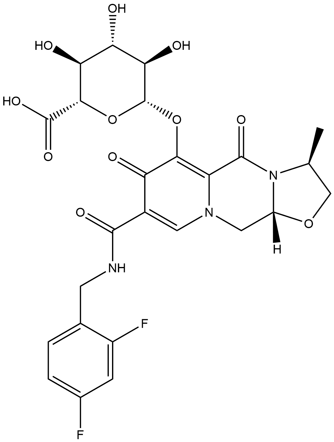 (3S,11aR)-8-[[[(2,4-Difluorophenyl)methyl]amino]carbonyl]-2,3,5,7,11,11a-hexahydro-3-methyl-5,7-dioxooxazolo[3,2-a]pyrido[1,2-d]pyrazin-6-yl β-D-glucopyranosiduronic acid Struktur