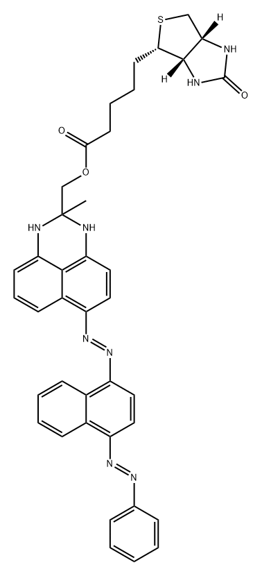 1H-Thieno[3,4-d]imidazole-4-pentanoic acid, hexahydro-2-oxo-, [2,3-dihydro-2-methyl-6-[(1E)-2-[4-[(1E)-2-phenyldiazenyl]-1-naphthalenyl]diazenyl]-1H-perimidin-2-yl]methyl ester, (3aS,4S,6aR)- Struktur