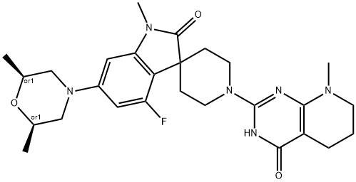 Spiro[3H-indole-3,4'-piperidin]-2(1H)-one, 6-[(2R,6S)-2,6-dimethyl-4-morpholinyl]-4-fluoro-1'-(3,4,5,6,7,8-hexahydro-8-methyl-4-oxopyrido[2,3-d]pyrimidin-2-yl)-1-methyl-, rel- Struktur