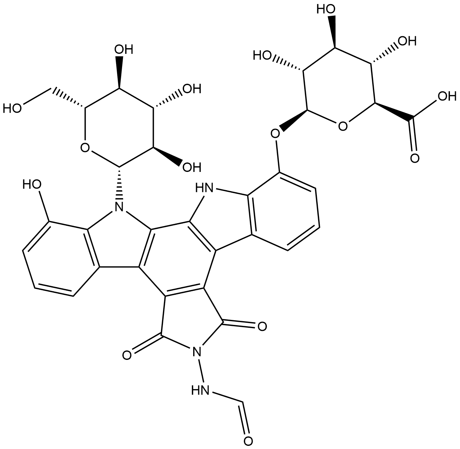 β-D-Glucopyranosiduronic acid, 6-(formylamino)-12-β-D-glucopyranosyl-6,7,12,13-tetrahydro-11-hydroxy-5,7-dioxo-5H-indolo[2,3-a]pyrrolo[3,4-c]carbazol-1-yl Struktur