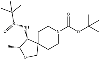 2-Oxa-8-azaspiro[4.5]decane-8-carboxylic acid, 4-[[(R)-(1,1-dimethylethyl)sulfinyl]amino]-3-methyl-, 1,1-dimethylethyl ester, (3R,4R)- Struktur