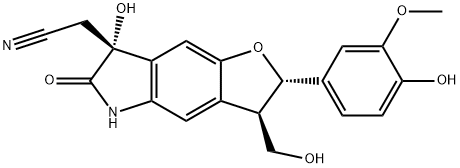 2H-Furo[2,3-f]indole-7-acetonitrile, 3,5,6,7-tetrahydro-7-hydroxy-2-(4-hydroxy-3-methoxyphenyl)-3-(hydroxymethyl)-6-oxo-, (2S,3R,7R)- Struktur