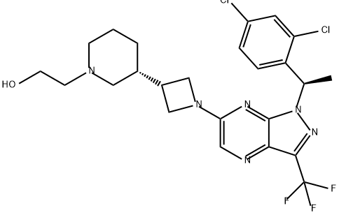 1-Piperidineethanol, 3-[1-[1-[(1R)-1-(2,4-dichlorophenyl)ethyl]-3-(trifluoromethyl)-1H-pyrazolo[3,4-b]pyrazin-6-yl]-3-azetidinyl]-, (3R)- Struktur