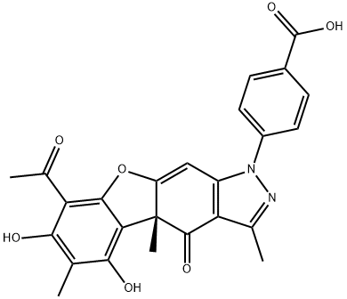 Benzoic acid, 4-[(4aR)-8-acetyl-4,4a-dihydro-5,7-dihydroxy-3,4a,6-trimethyl-4-oxo-1H-benzofuro[3,2-f]indazol-1-yl]- Struktur